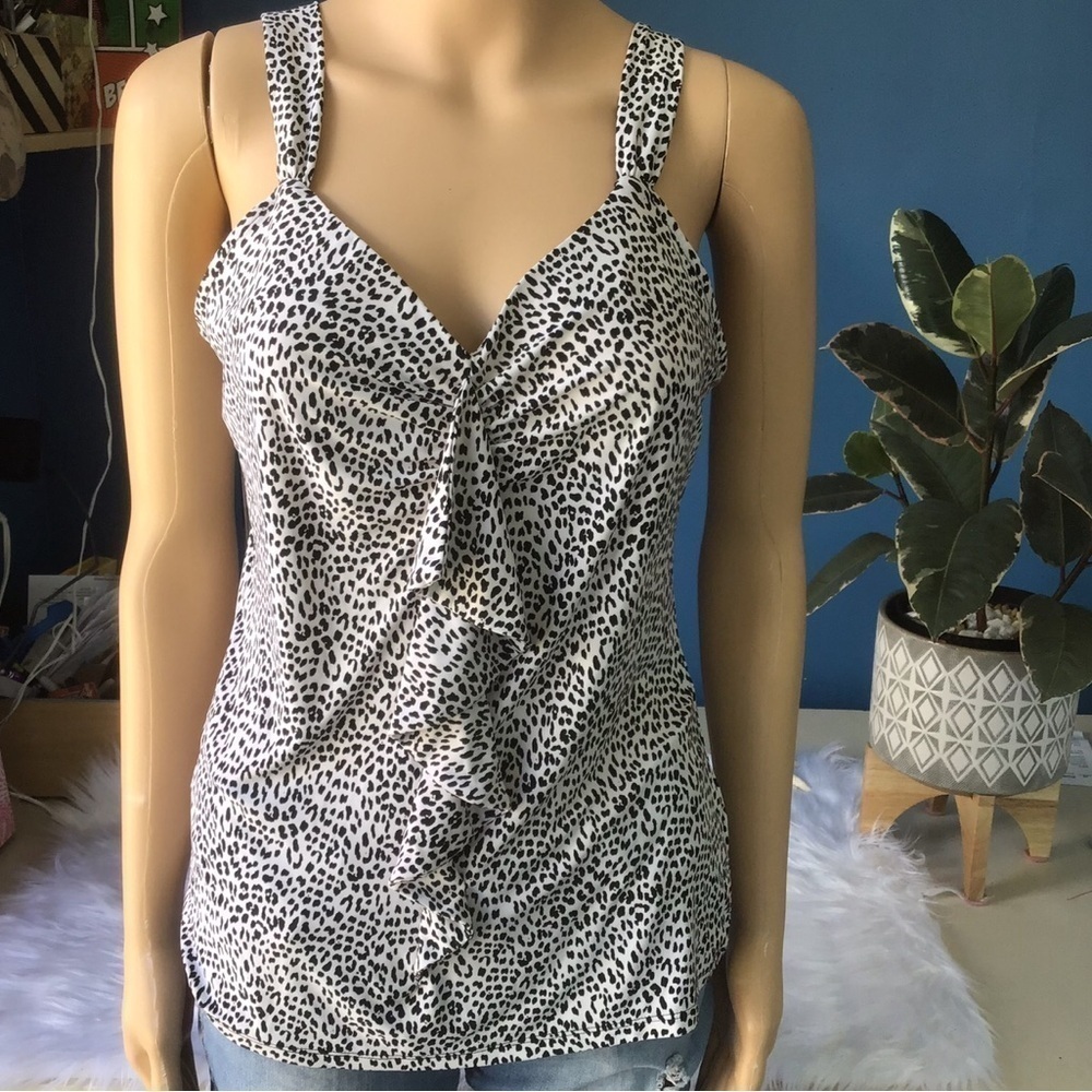 White House Black Market Leopard Print Wide Strap Ruffle Silkie